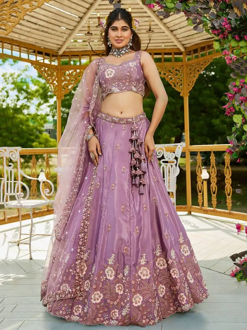 Lavender thread embroidery designer lehenga choli