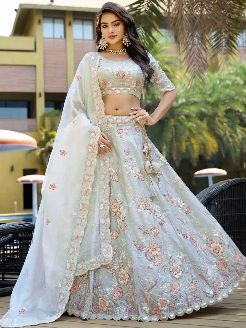 Light grey sequins silk reception wear lehenga with blouse