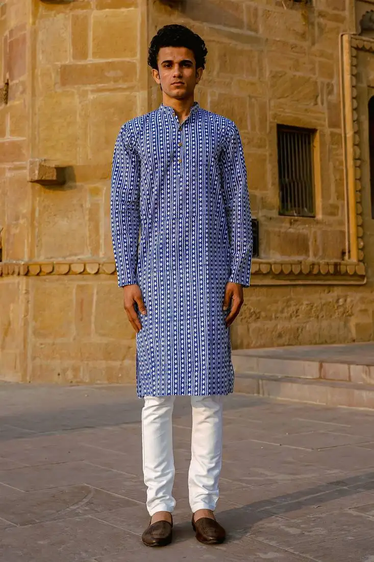 Blue cotton argyle hand block full sleeve kurta for mens