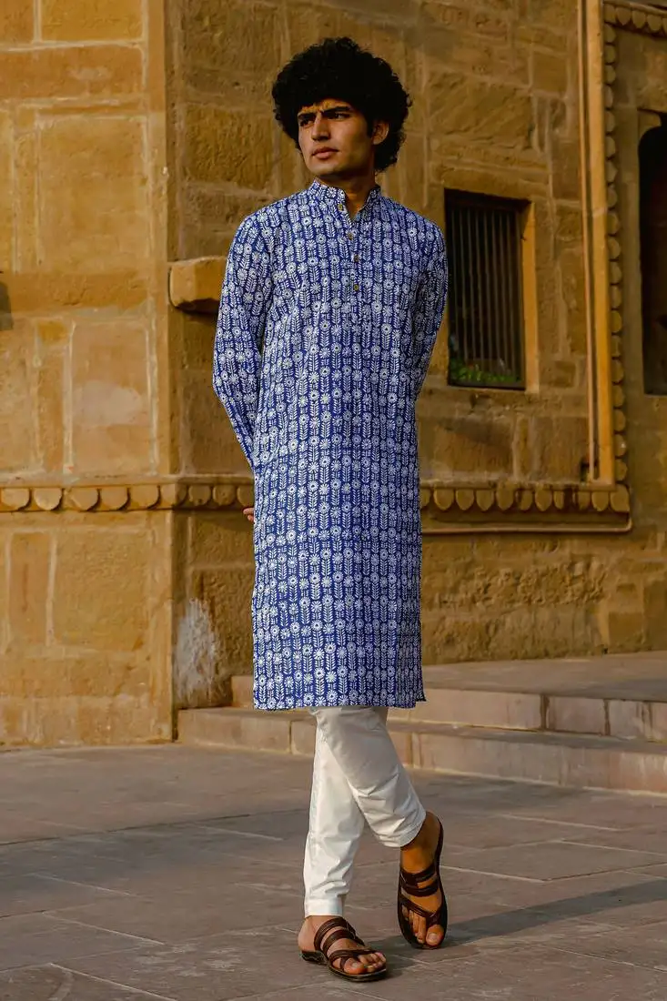 Blue cotton full sleeve kurta for mens