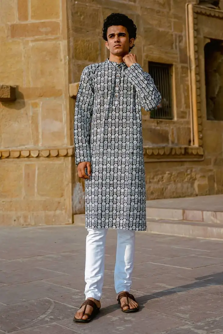 Black cotton woven full sleeve kurta for mens