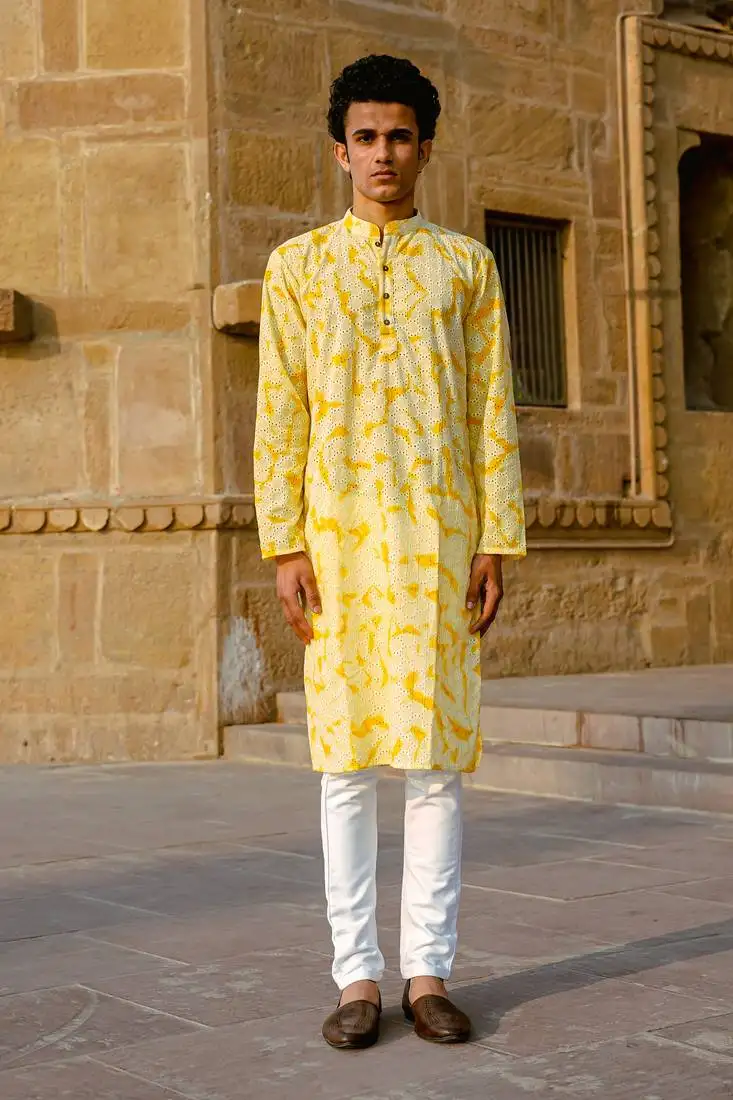 Yellow cotton full sleeve kurta for mens