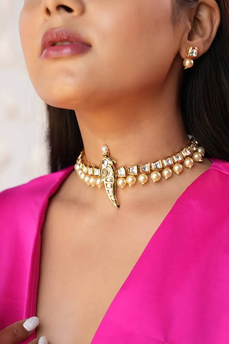 Avyana kundan bird choker set with semi-precious pearls