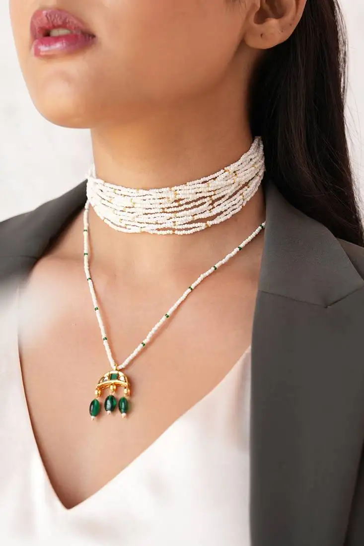 Leana white beaded choker and crescent pendant necklace combo