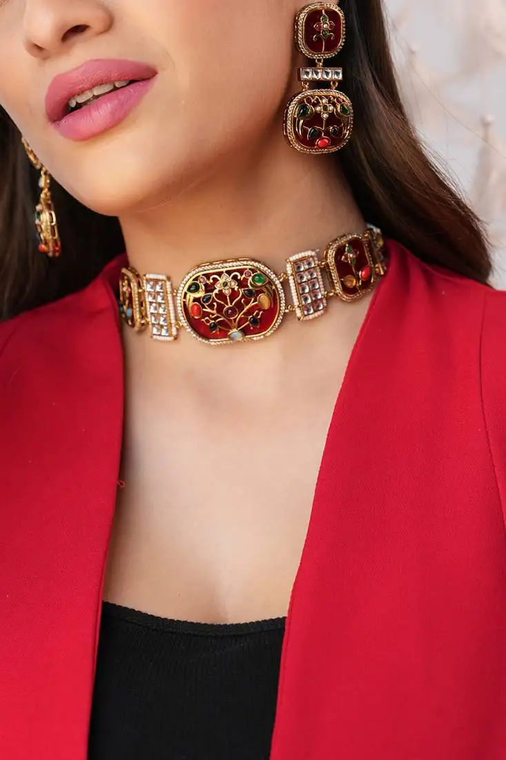 Tisha handmade red meenakari choker set
