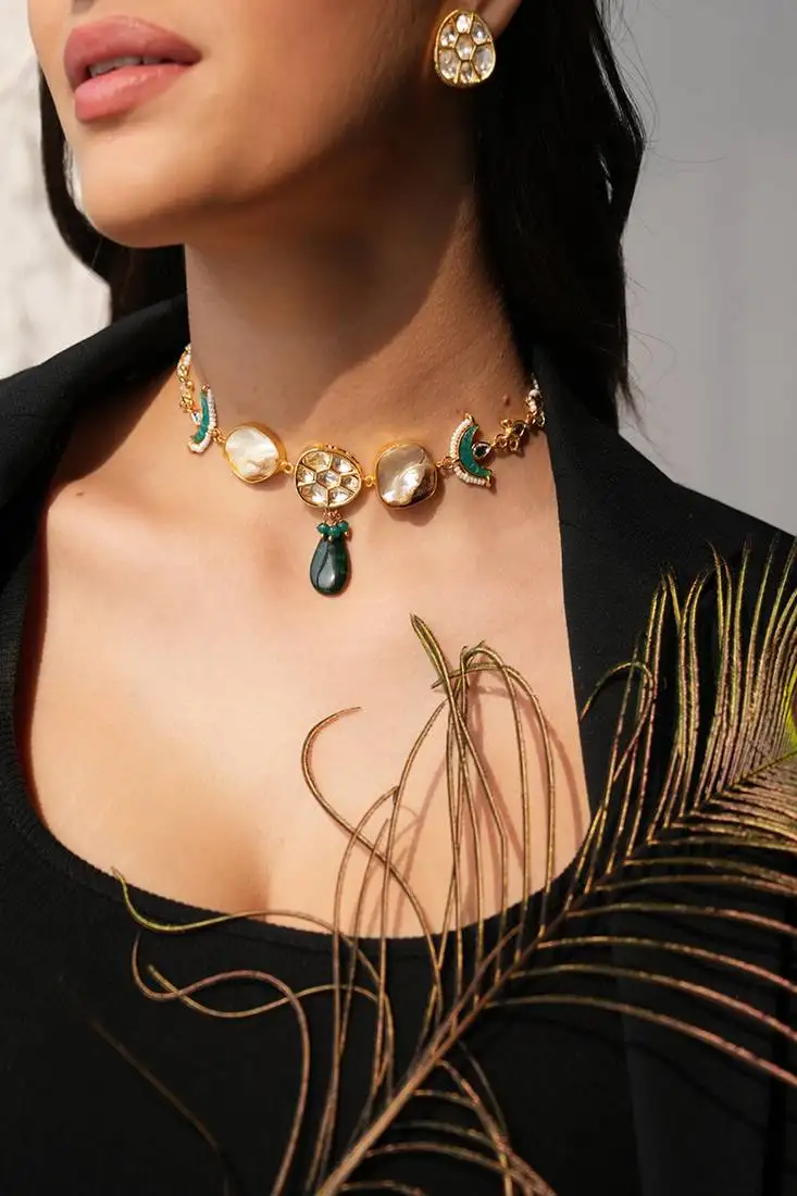 Riana handmade pachi choker set with kundan earrings