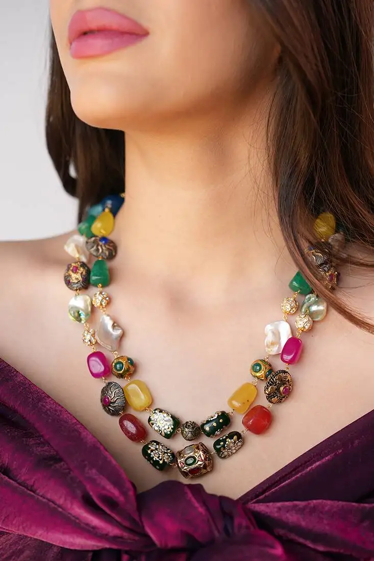 Mireille two-layer necklace with multicolor hand-painted quartz stones