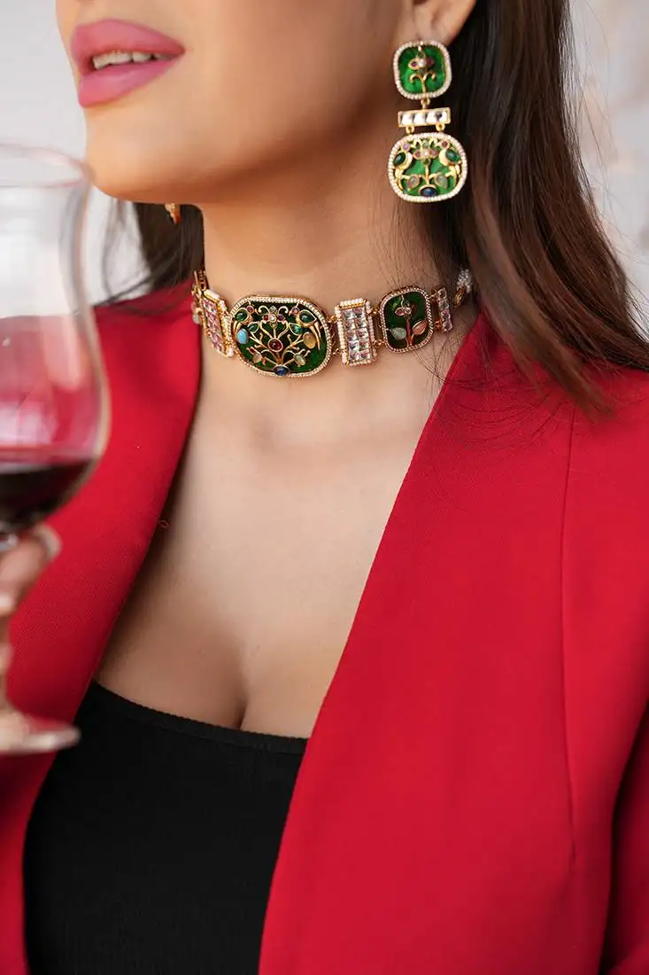 Aira dark green meenakari choker set