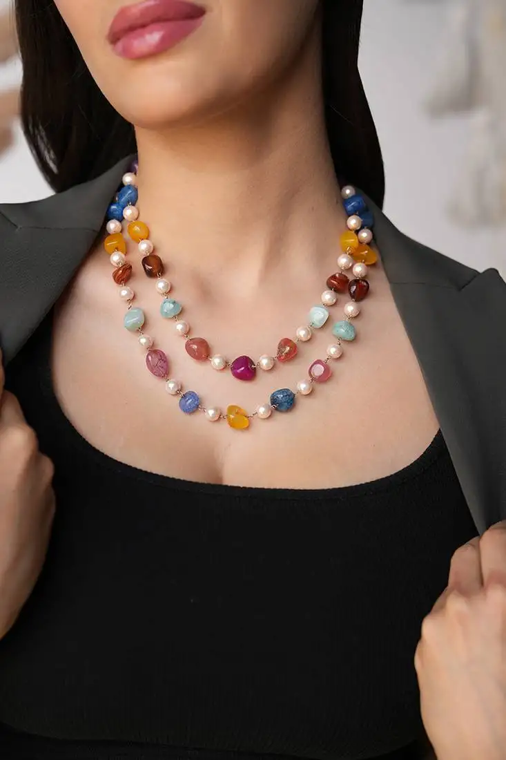 Amaris multicolor semi-precious quartz and pearl necklace set