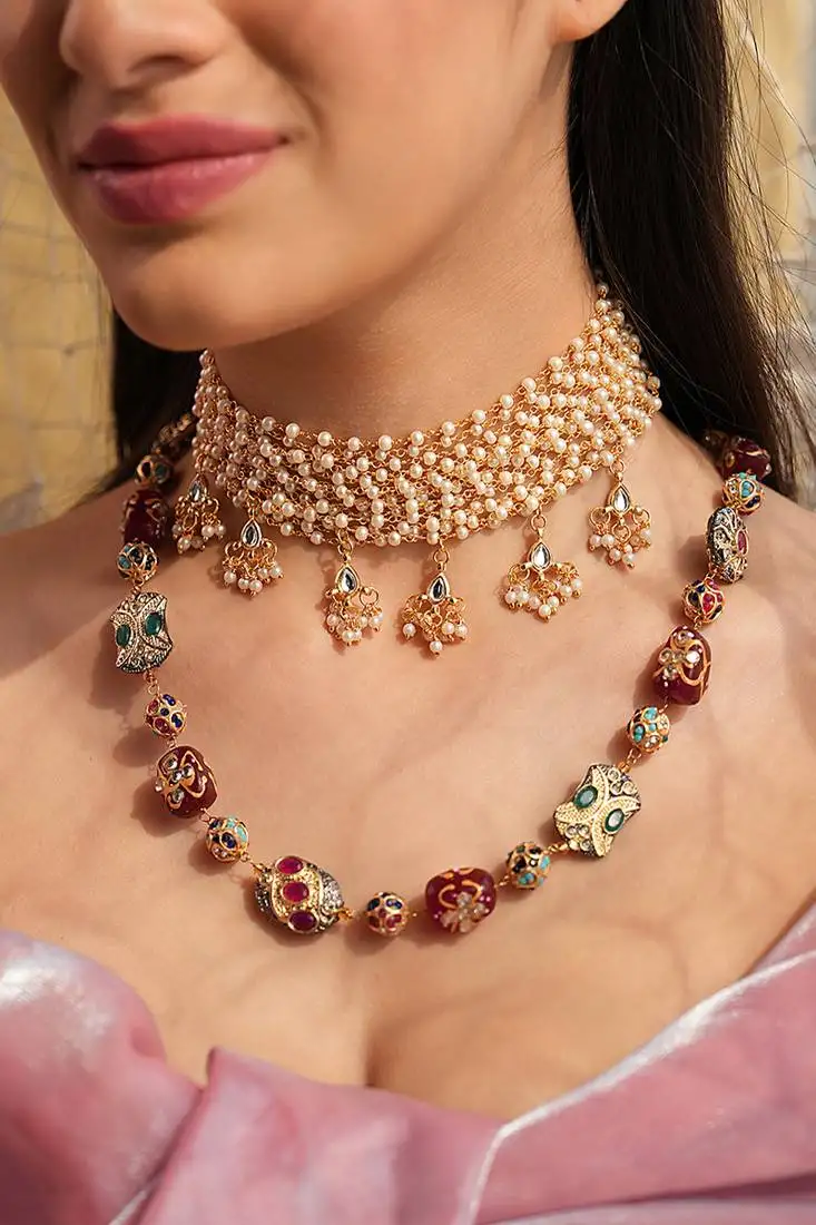 Layered combo necklace set with pearl choker and handpainted quartz necklace