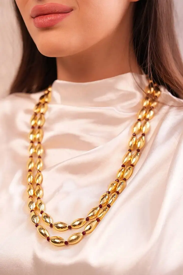 Anti-tarnish gold toned aishwarya rupa long beaded necklace set