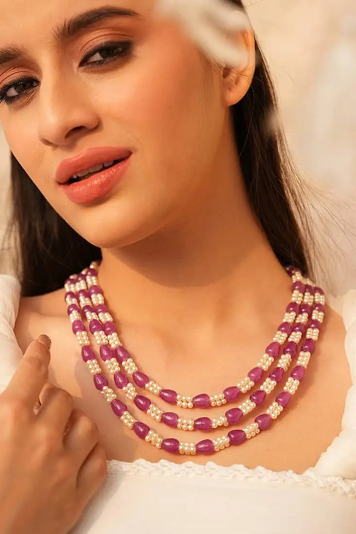 3-layered purple and white beads necklace set