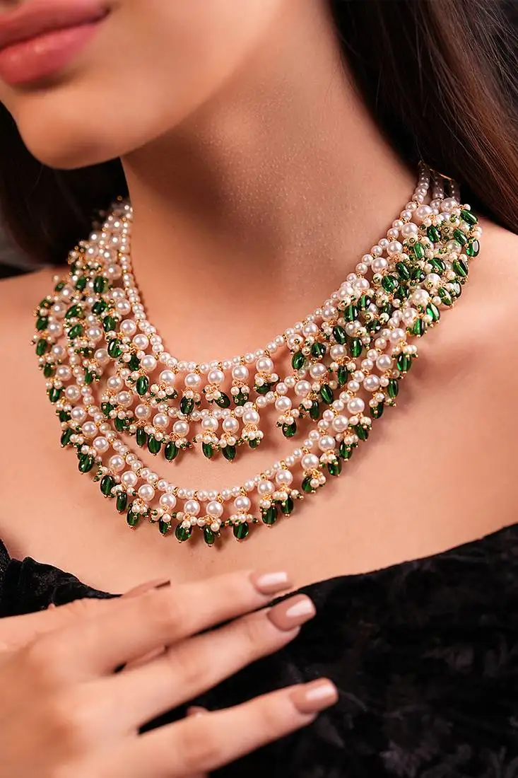 White pearls and green duldul beads layered necklace