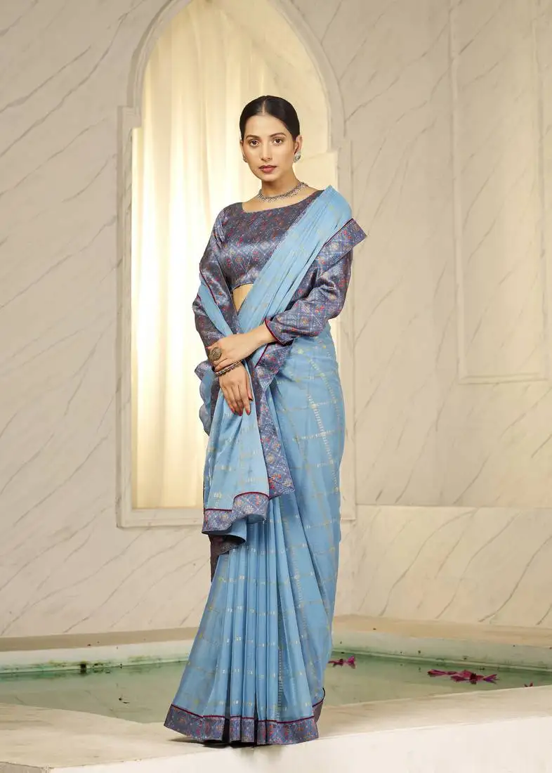 Sky blue digital foil printed bollywood style chiffon saree
