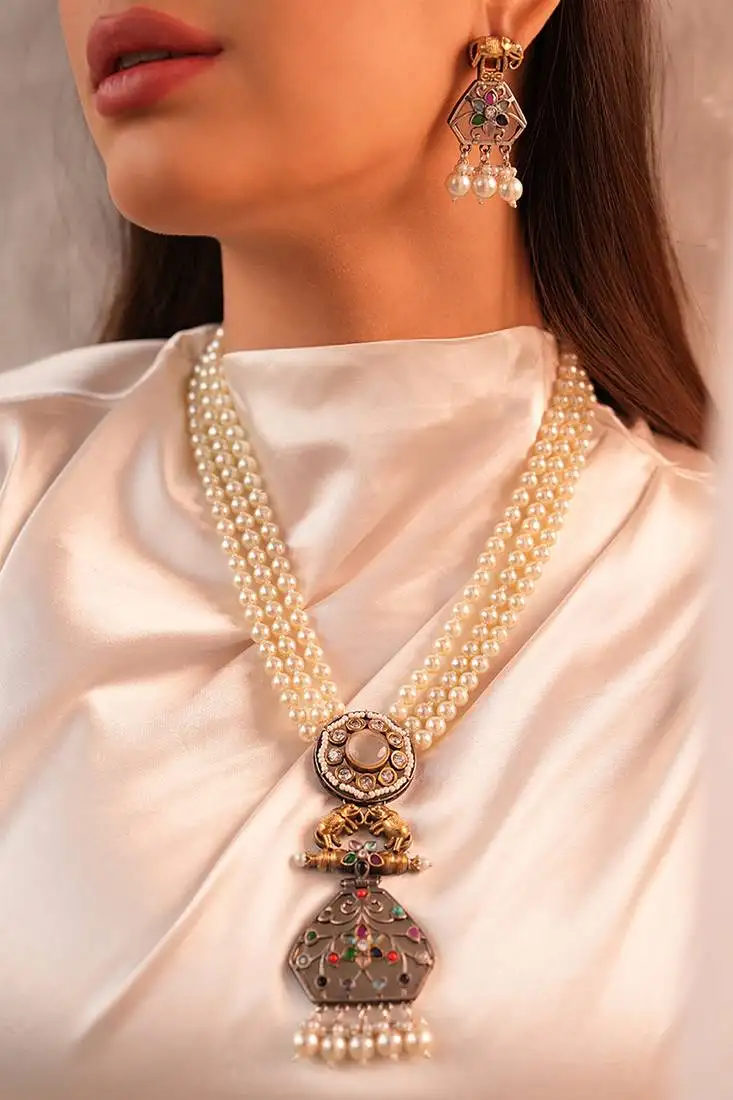 Long layered chain necklace with german silver pendant and pearls