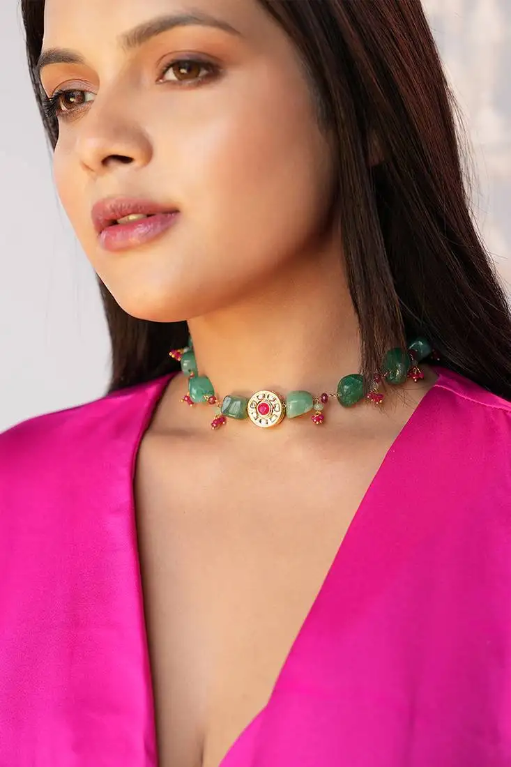 Green stone and red bead choker