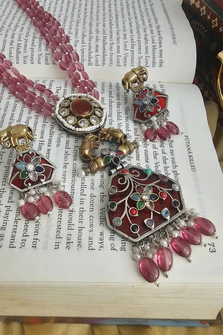 Pink hydro bead floral pendant necklace set