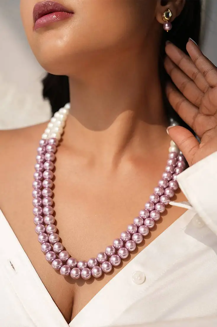 Roselle elegant double-strand semi-precious pearl necklace with kundan studded earrings and adjustable tassel