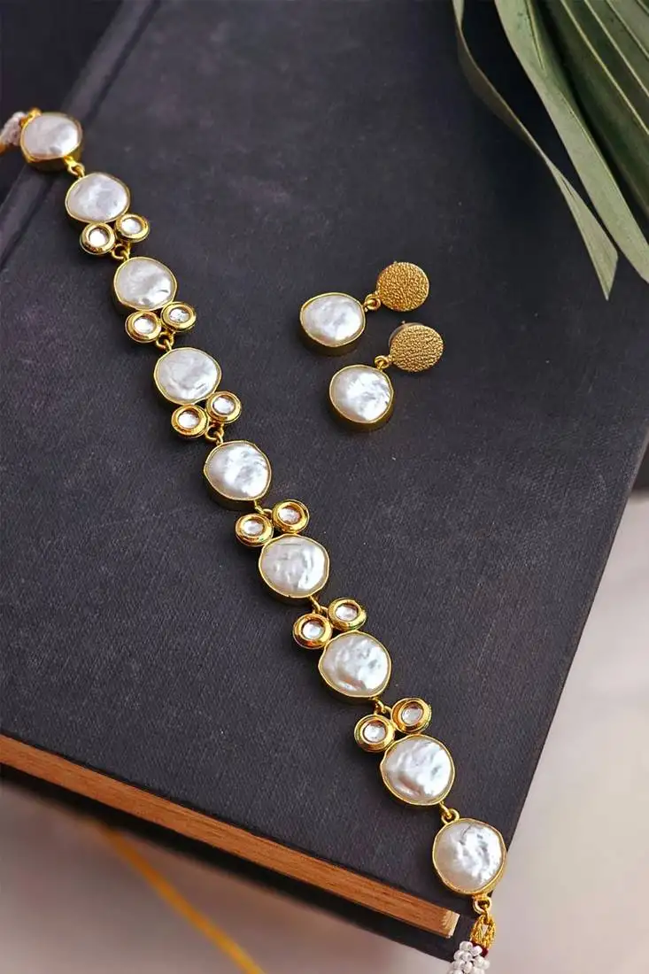 Perlaise mother of pearl brass necklace set