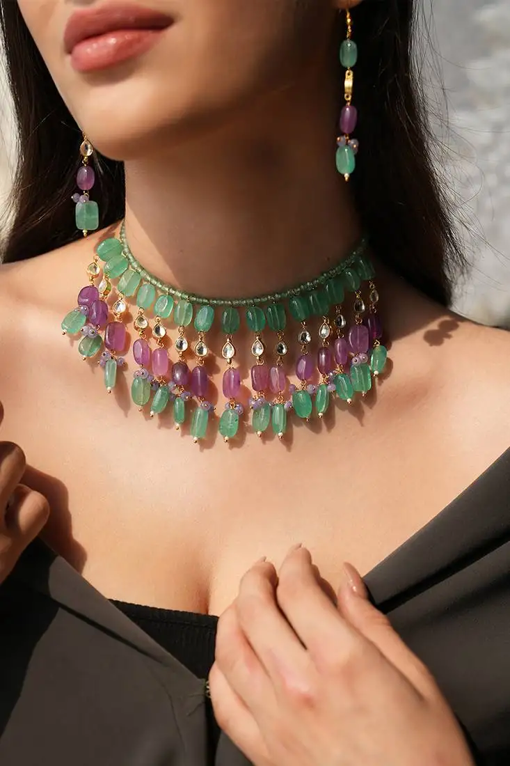 Jade quartz stone layered necklace