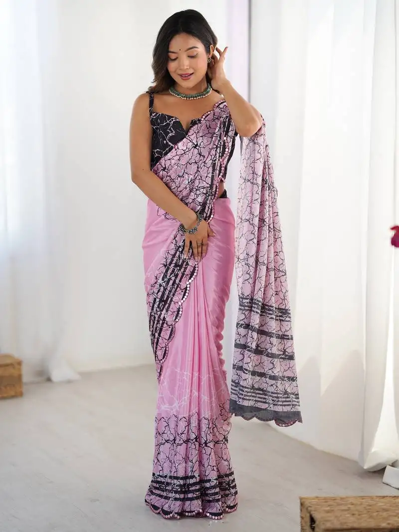 Beautiful pink chinon digital printed saree with blouse
