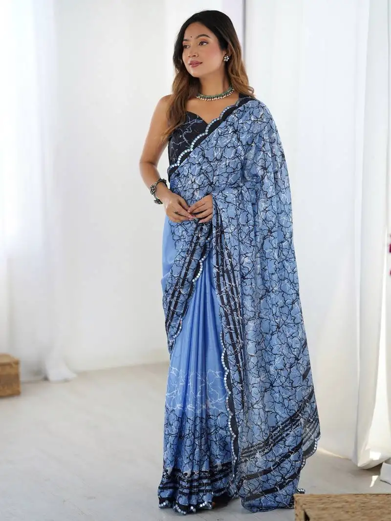Elegant blue mirror cut work printed saree with blouse