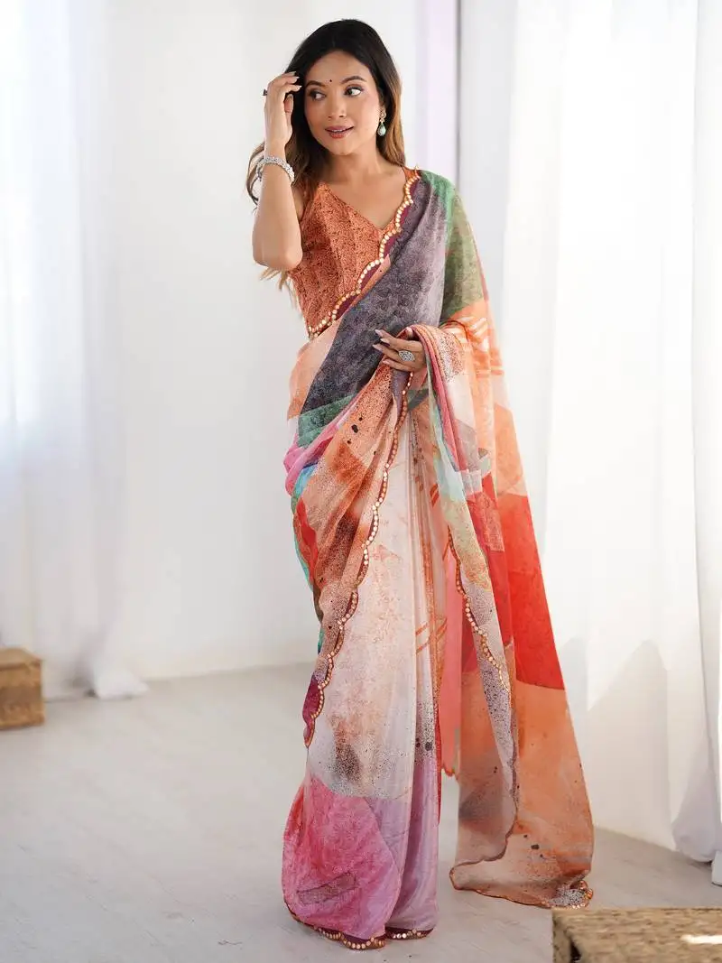 Mesmerizing multi color chinon printed saree with blouse