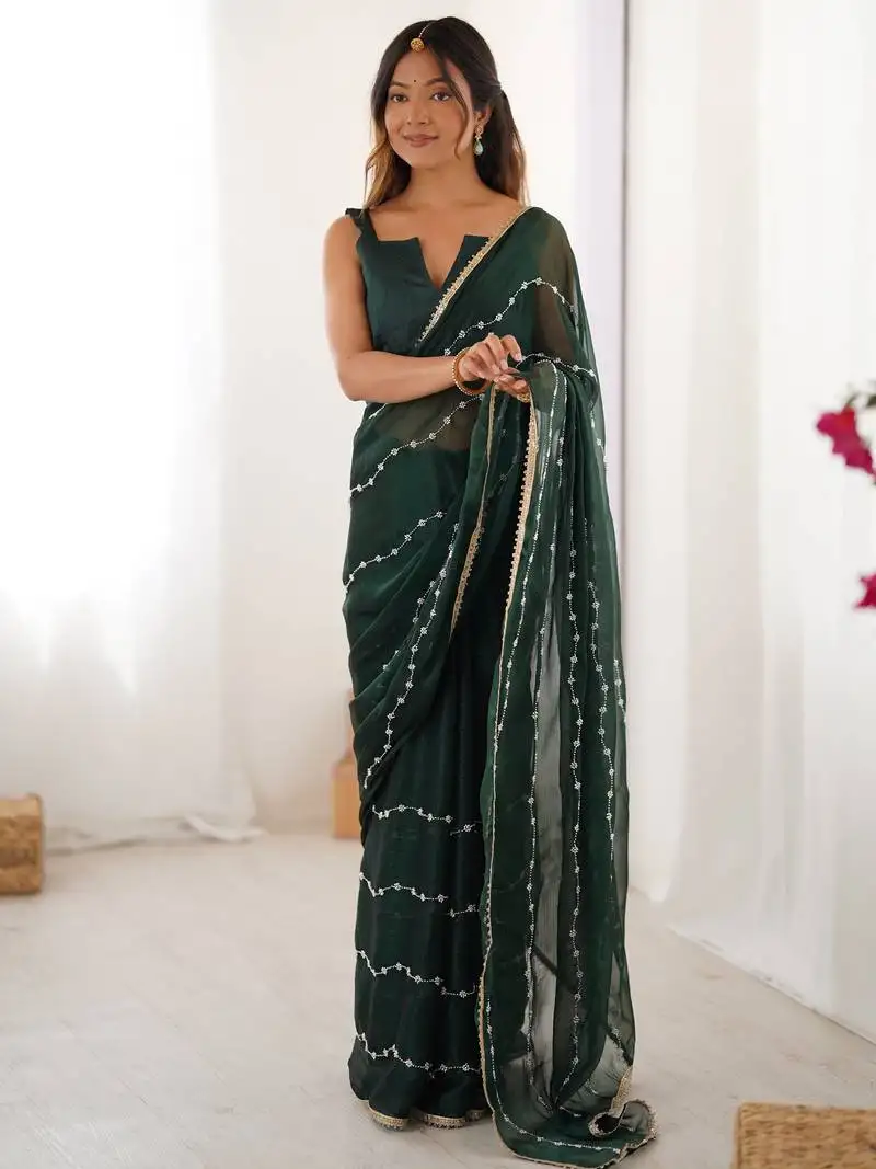 Adorable green sequins designer saree with blouse