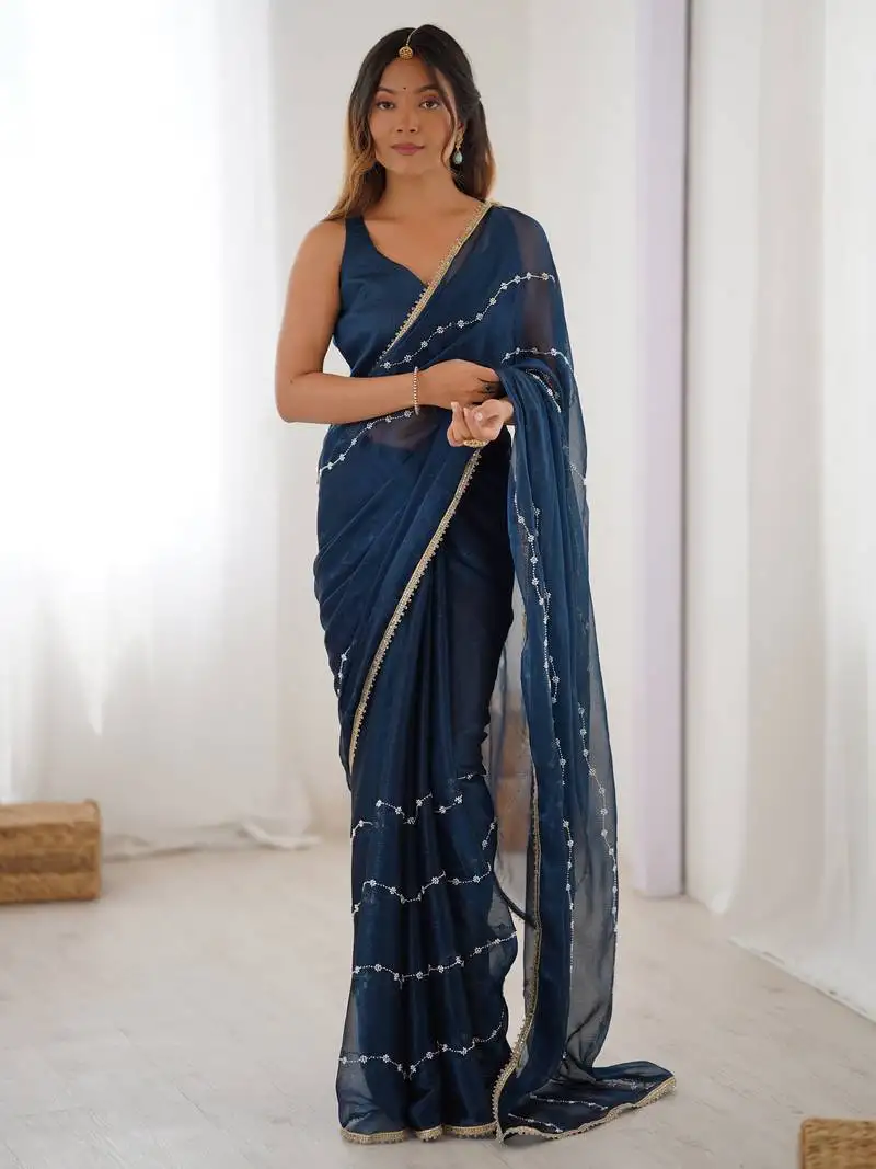 Stunning blue chiffon sequins saree with blouse