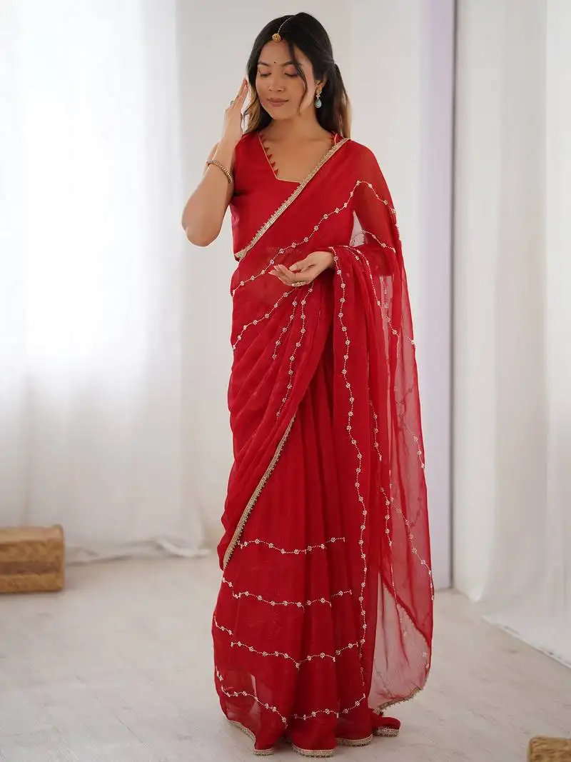 Lovely red chiffon sequins festival wear saree with blouse