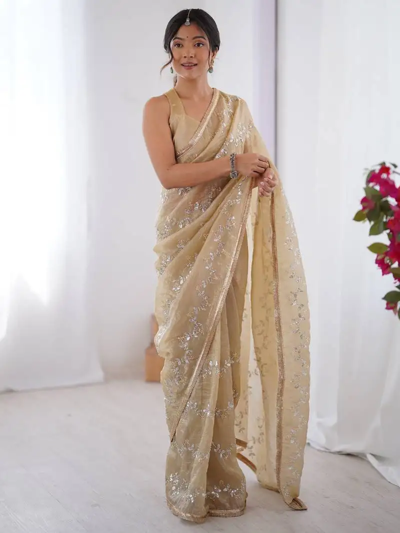 Gorgeous beige organza beads work saree with blouse