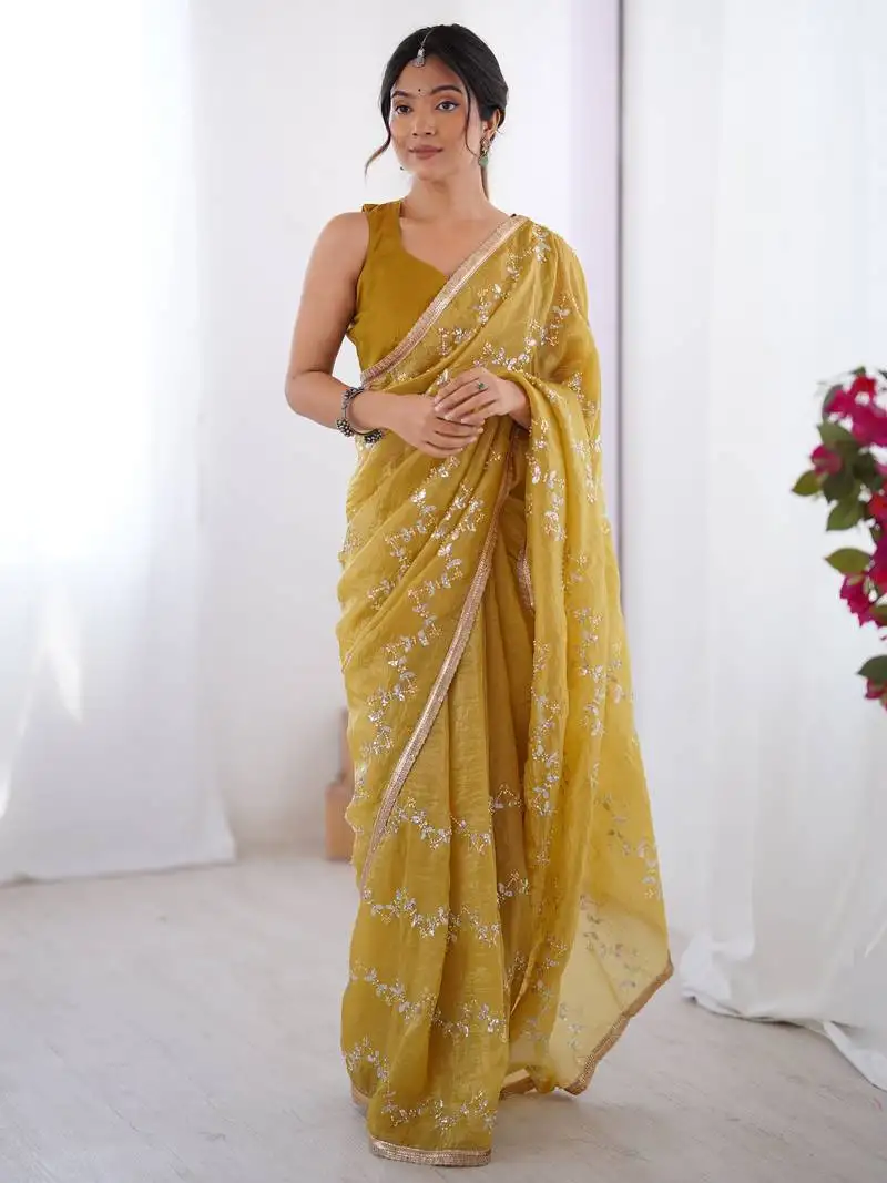 Stunning mustard yellow organza haldi wear saree with blouse