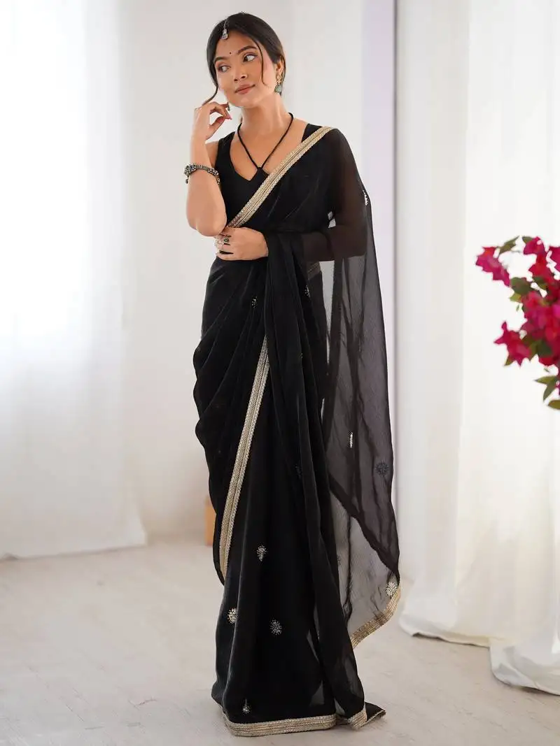 Adorning black silk sequins ceremonial wear saree with blouse