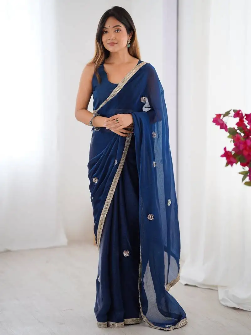 Glamourous blue beads work party wear saree with blouse