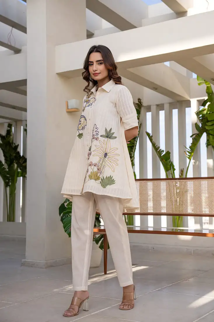 Beige embroidered cotton teresa walnut co ord sets