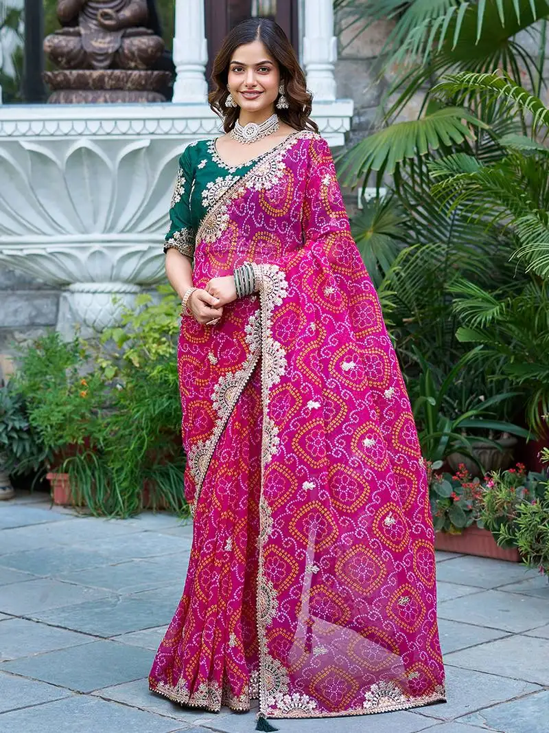 Pink georgette bandhani print saree with blouse