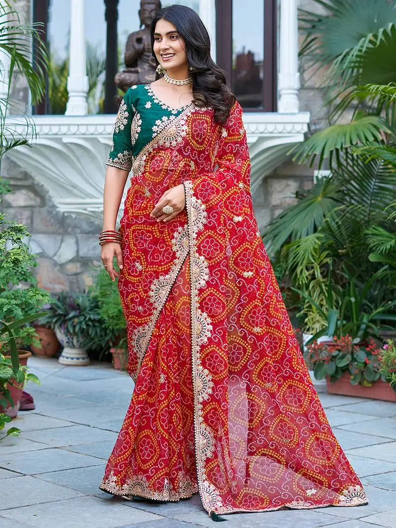 Red bandhani print bridal saree with blouse