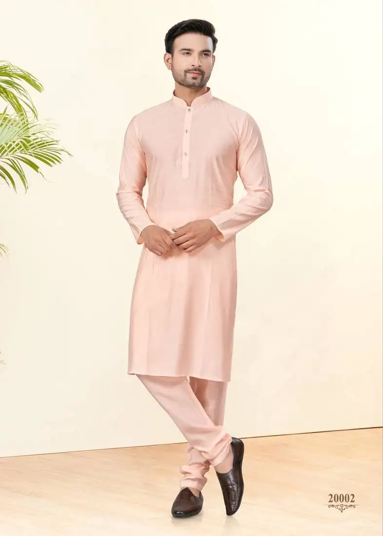 Peach silk plain kurta pyjama for mens wear