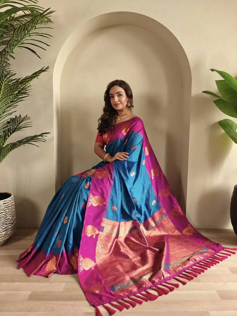 Teal dual tone silk sarees with zari weaves contrast pallu & designer border