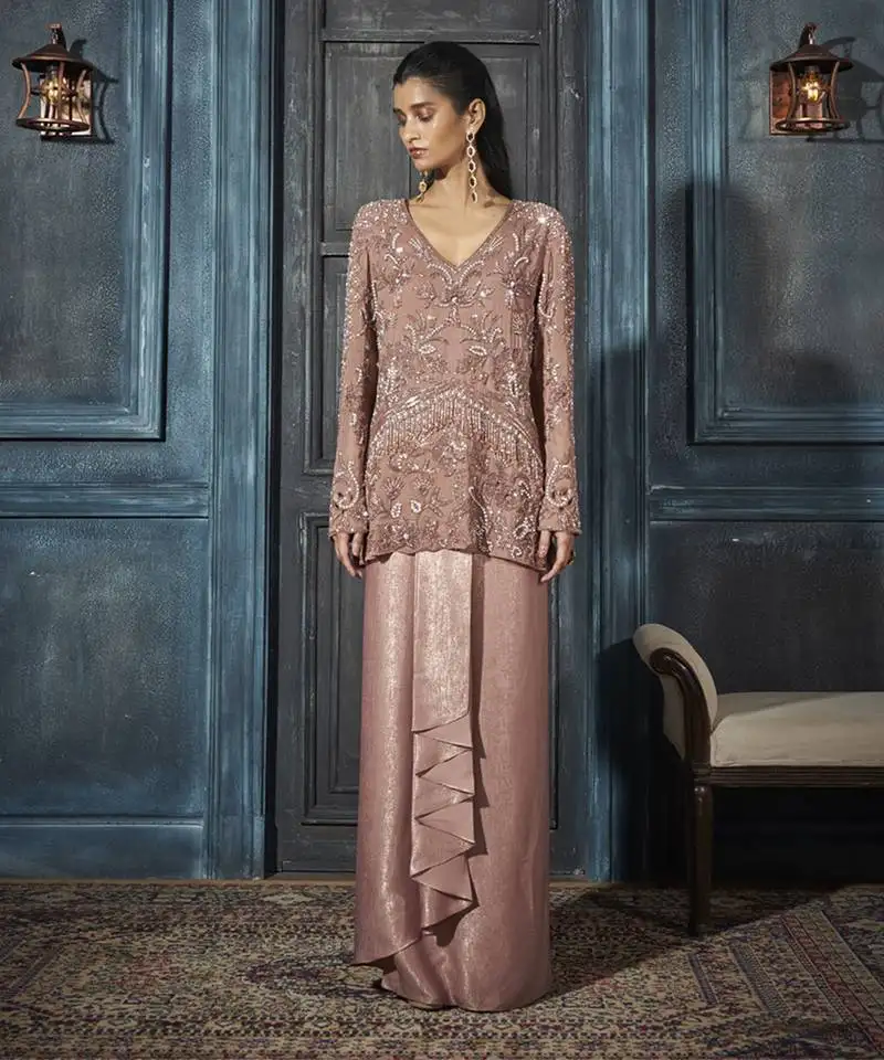Rose gold georgette embroidered co ord set