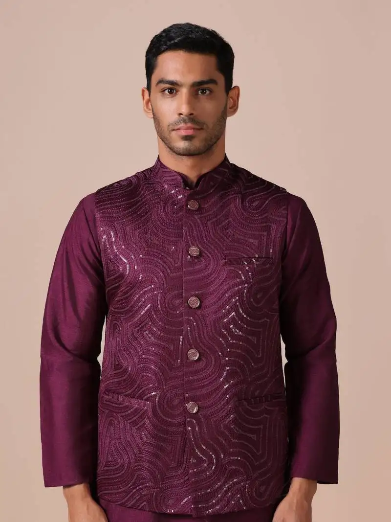 Maroon wave-pattern nehru jacket
