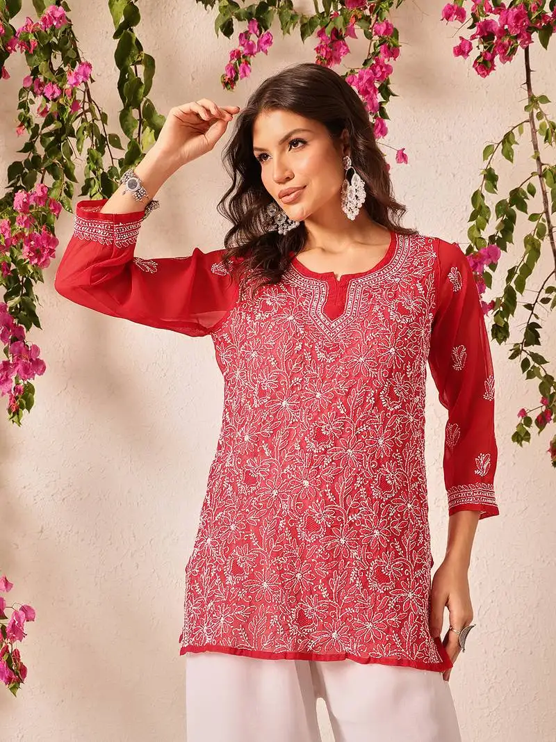 Hand embroidered red georgette lucknowi chikankari short kurti