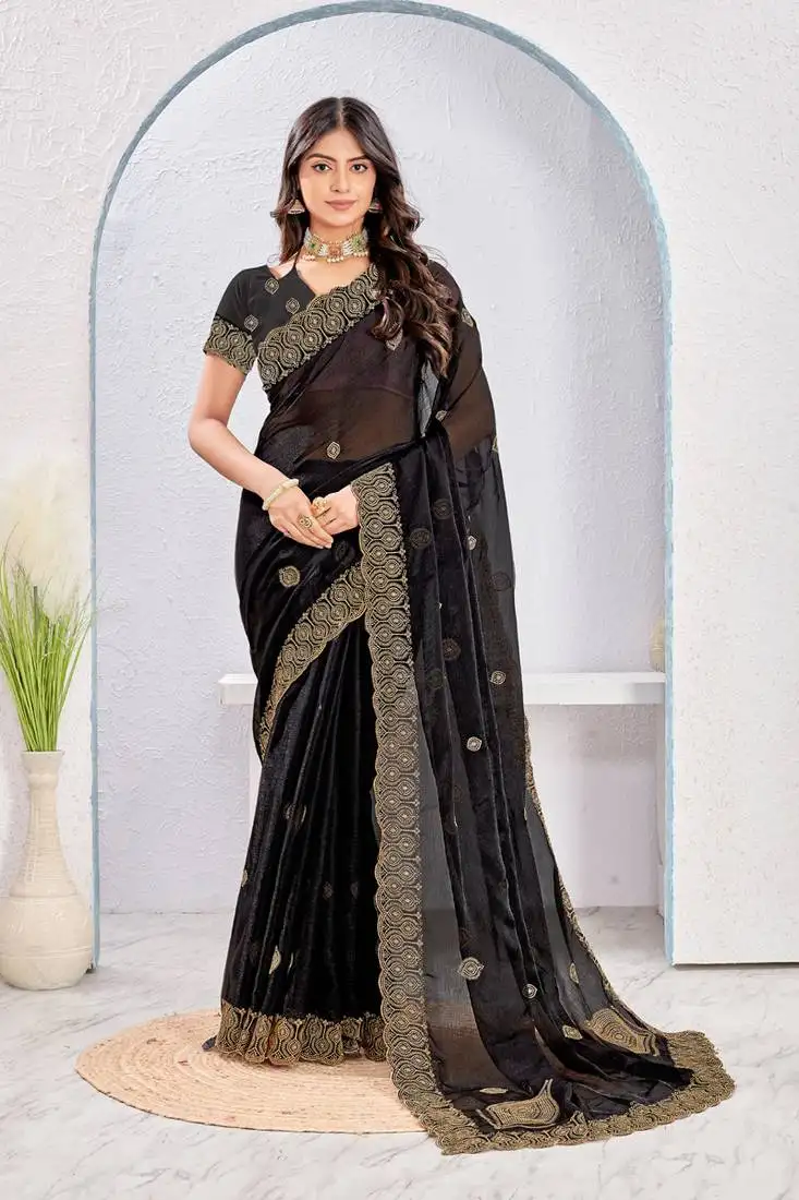 Black zari embroidered silk blend saree with blouse piece