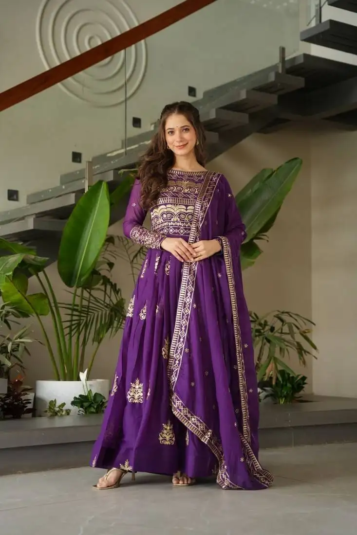 Purple chinnon with sequins embroidered and beads work gown with dupatta