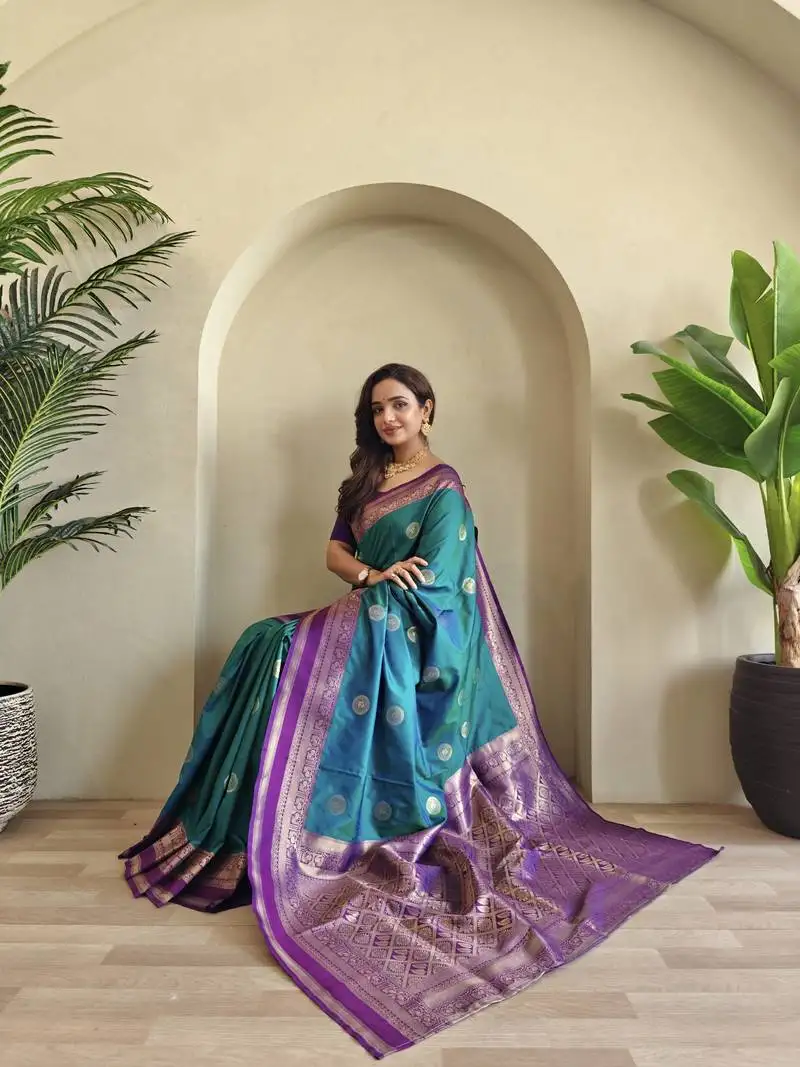 Teal soft art silk saree with coin weaving design