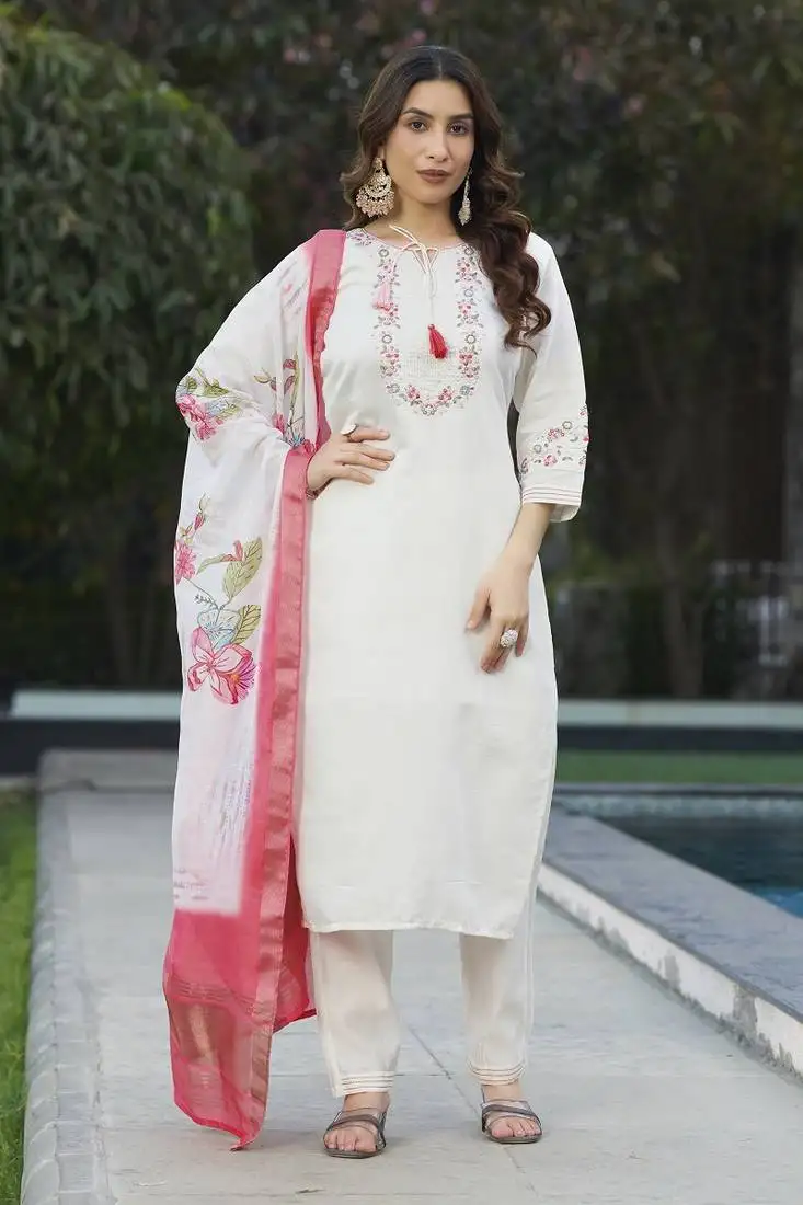 White viscose embroidery thread work kurta sets