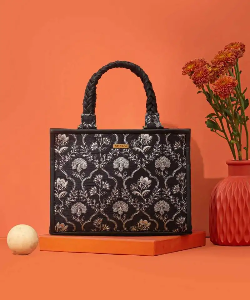 Black silk embroidered handbag
