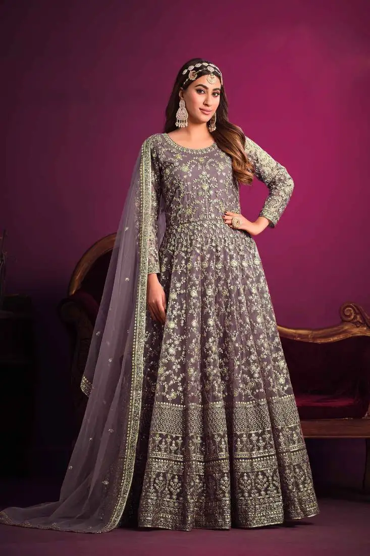 Dusty purple embroidered & sequins work net anarkali churidar suit - free size stitching (size upto 42") stitched