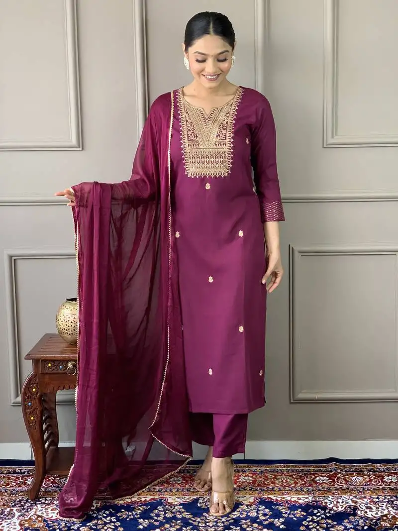 Purple embroidery viscos stiched straight kurta pant set with dupatta