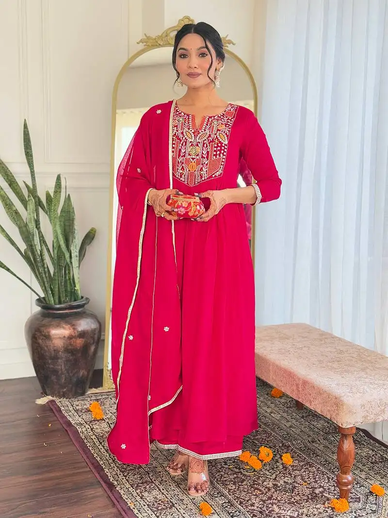 Women's red vichitra silk embroidered flared kurta with rayon pant and chinon embroidered dupatta sets